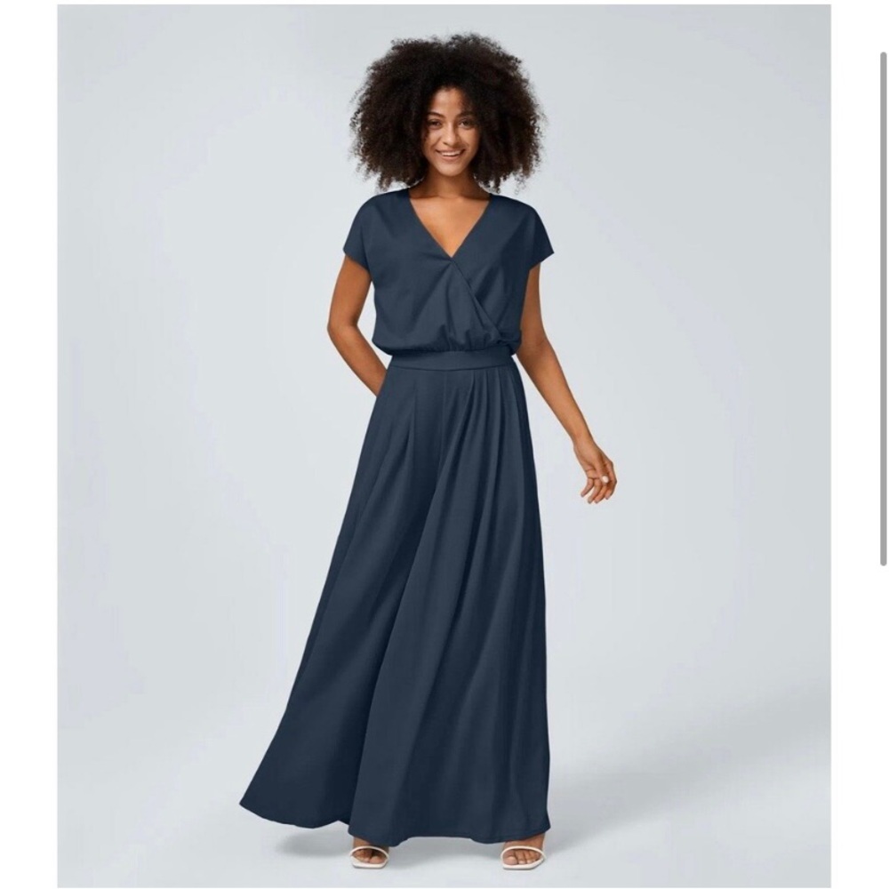 V-Neck Navy Wide-Leg Jumpsuit